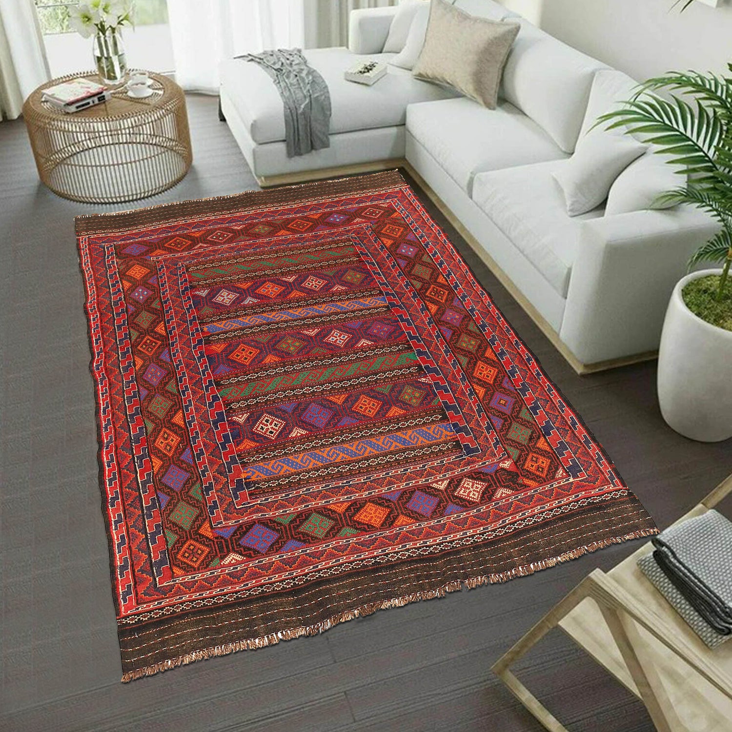 Laghari Kilim Area Rug Handmade Multi Geometric 4x7 ft