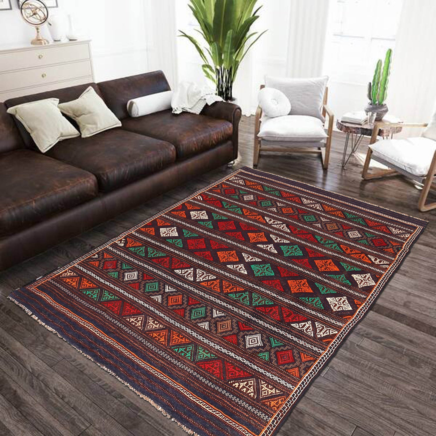 Laghari Kilim Area Rug Handmade Multi Geometric 4x7 ft