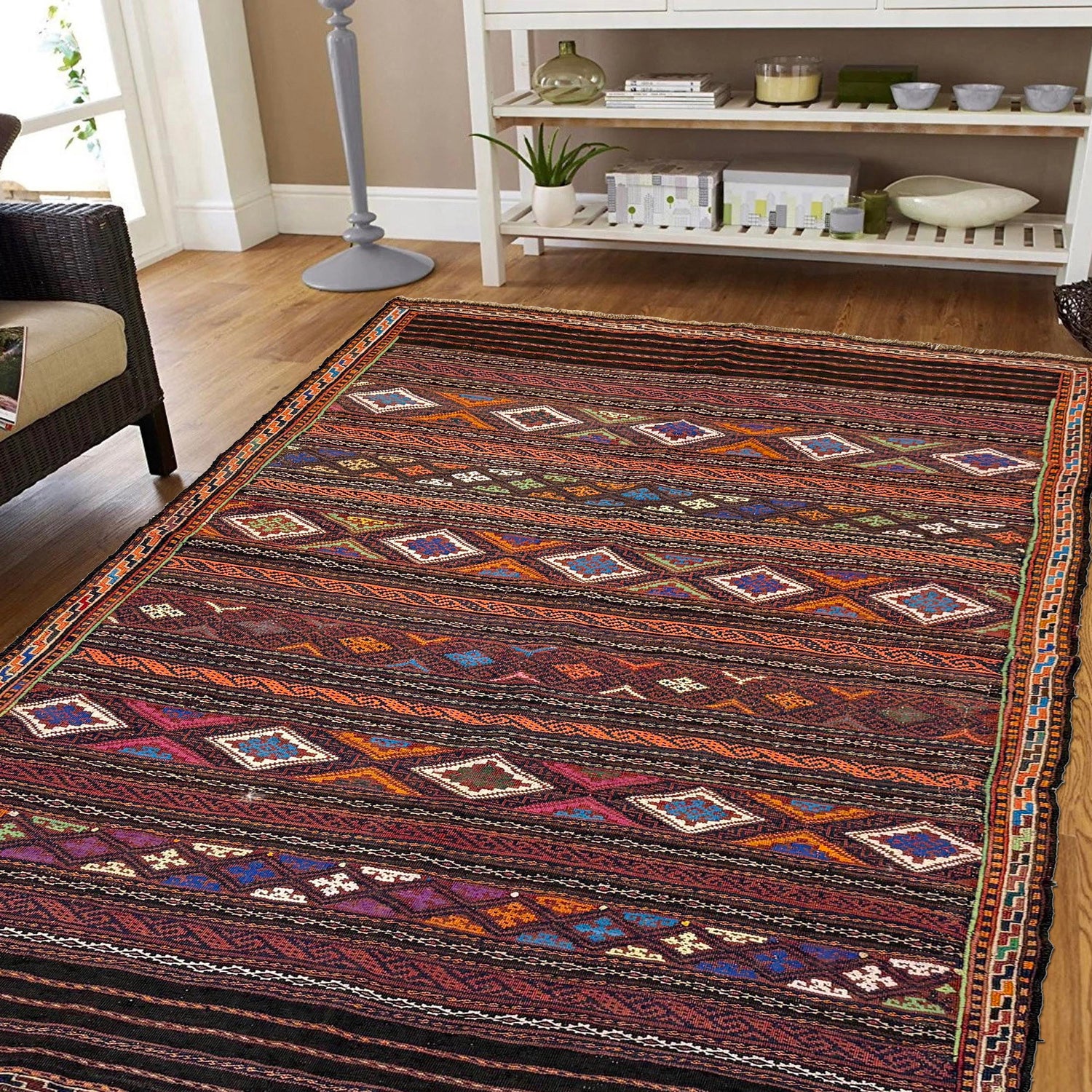 Laghari Kilim Area Rug Handmade Multi Geometric 4x7 ft