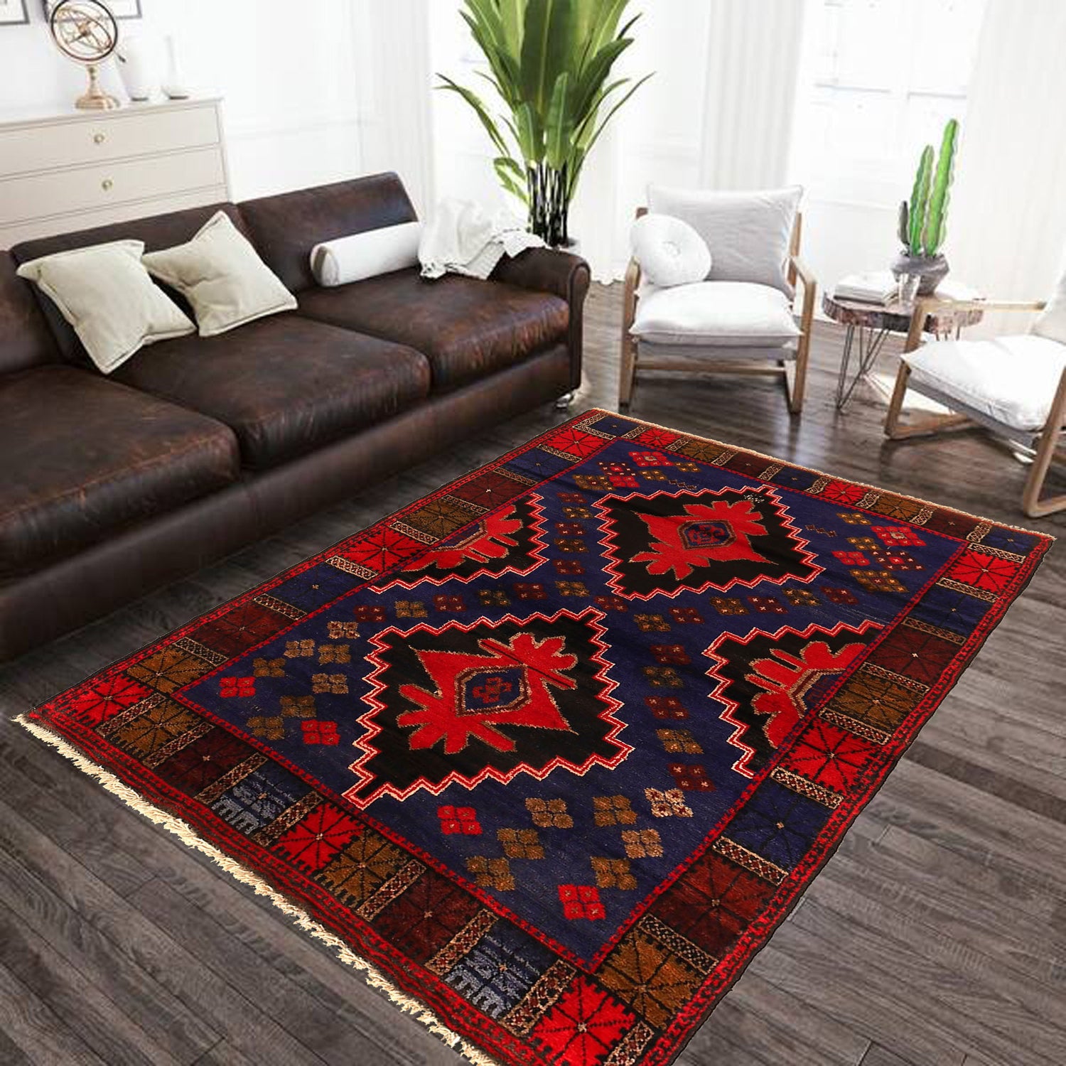Baluchi Rug Handmade Blue Geometric 4x6 ft