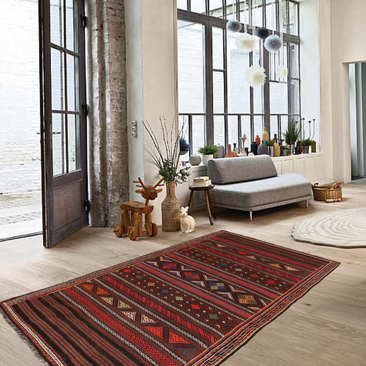 Laghari Kilim Area Rug Handmade Multi Geometric 4x7 ft