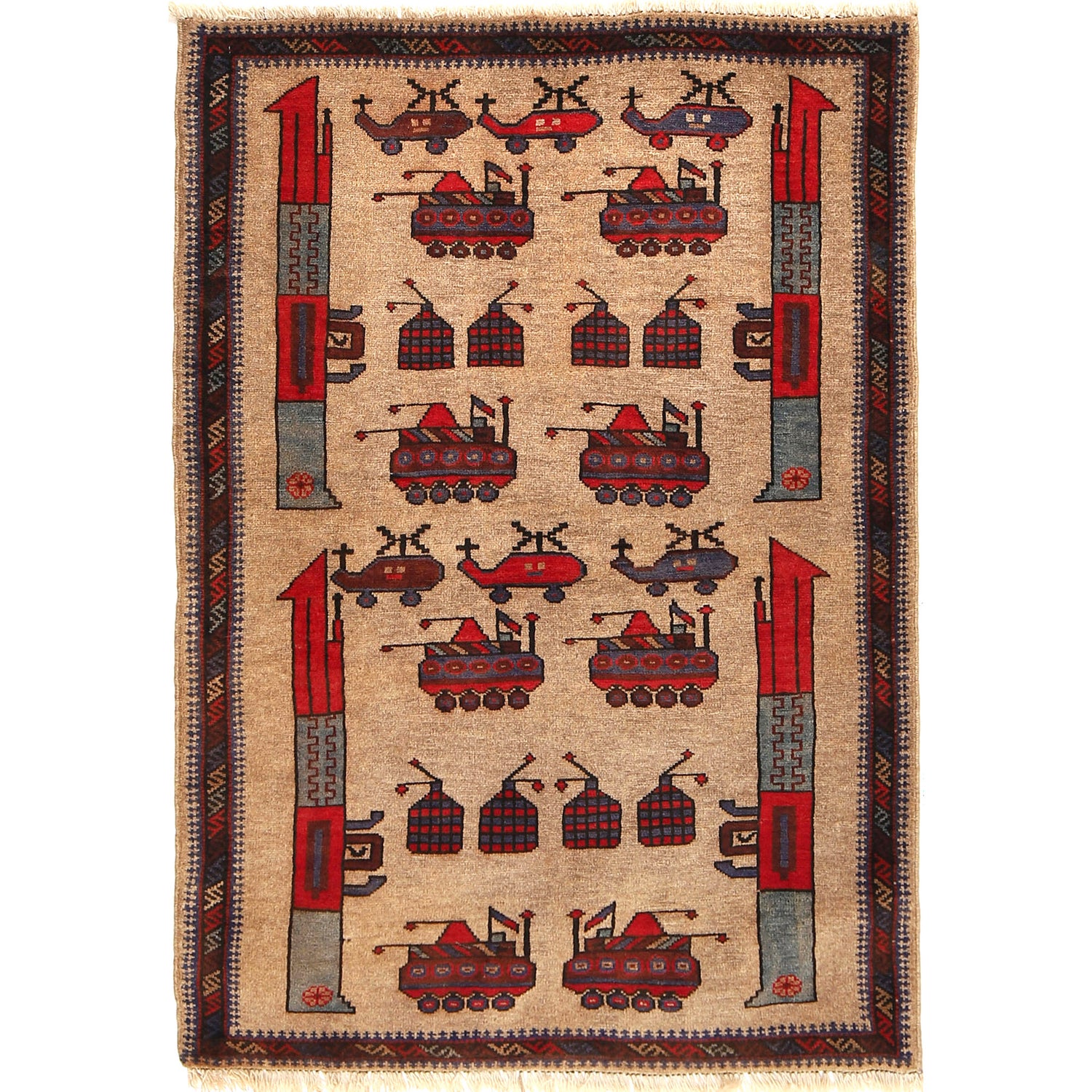War Area Rug Handmade Brown Tank+ Riffle + Helicopter 2x4 ft