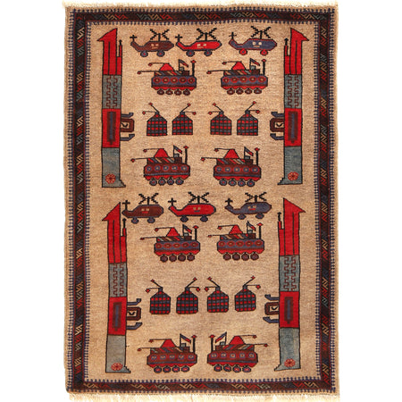 War Area Rug Handmade Brown Tank+ Riffle + Helicopter 2x4 ft