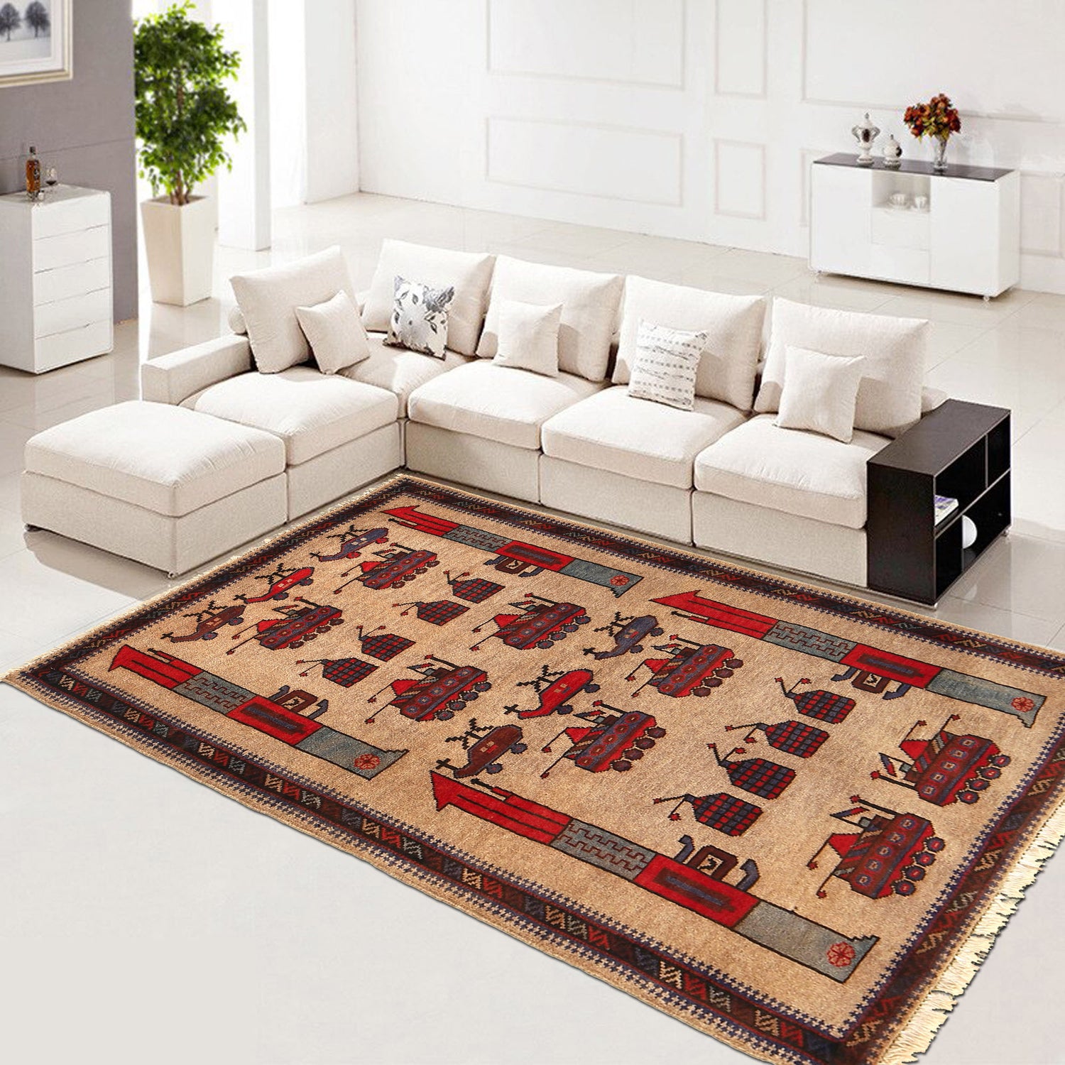 War Area Rug Handmade Brown Tank+ Riffle + Helicopter 2x4 ft