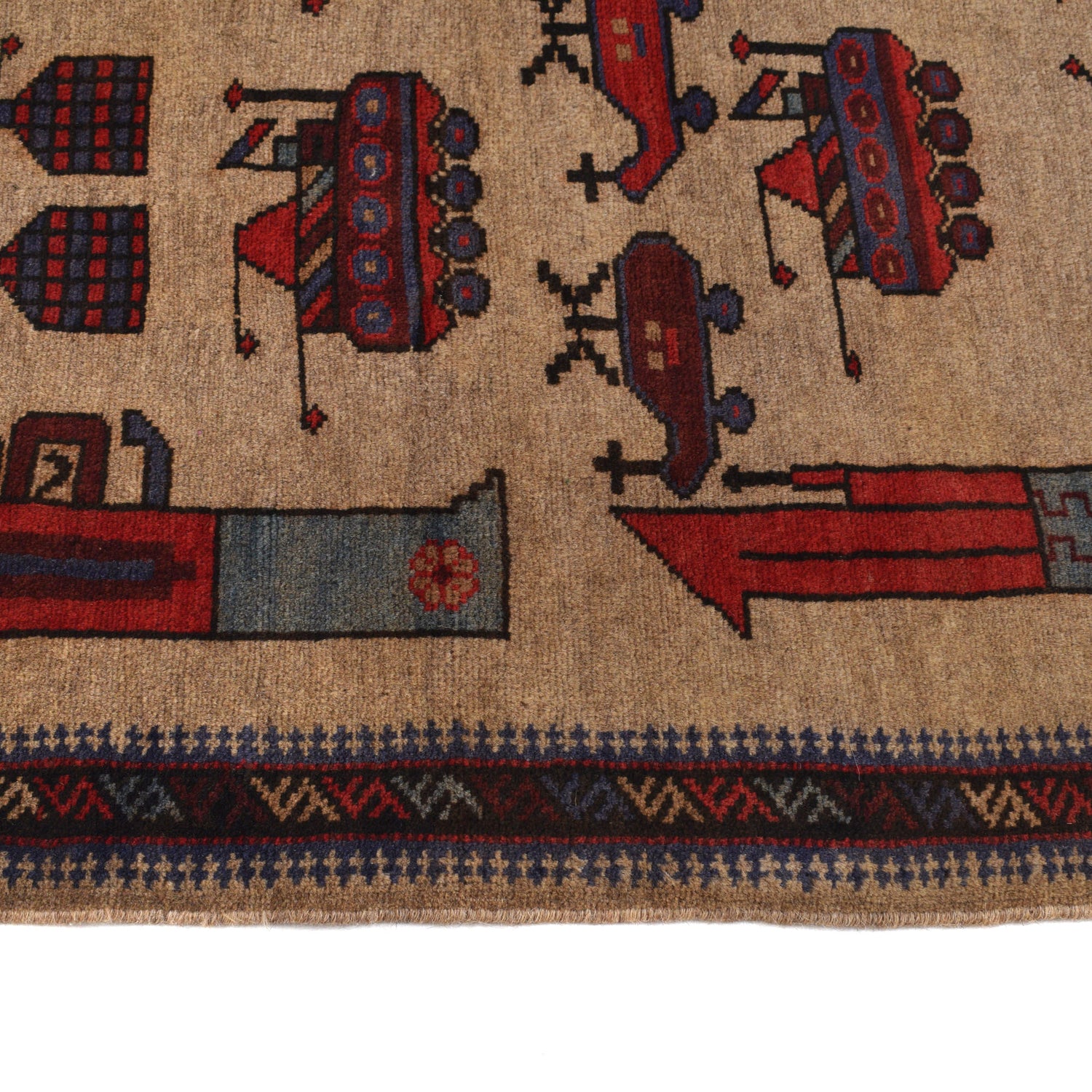War Area Rug Handmade Brown Tank+ Riffle + Helicopter 2x4 ft