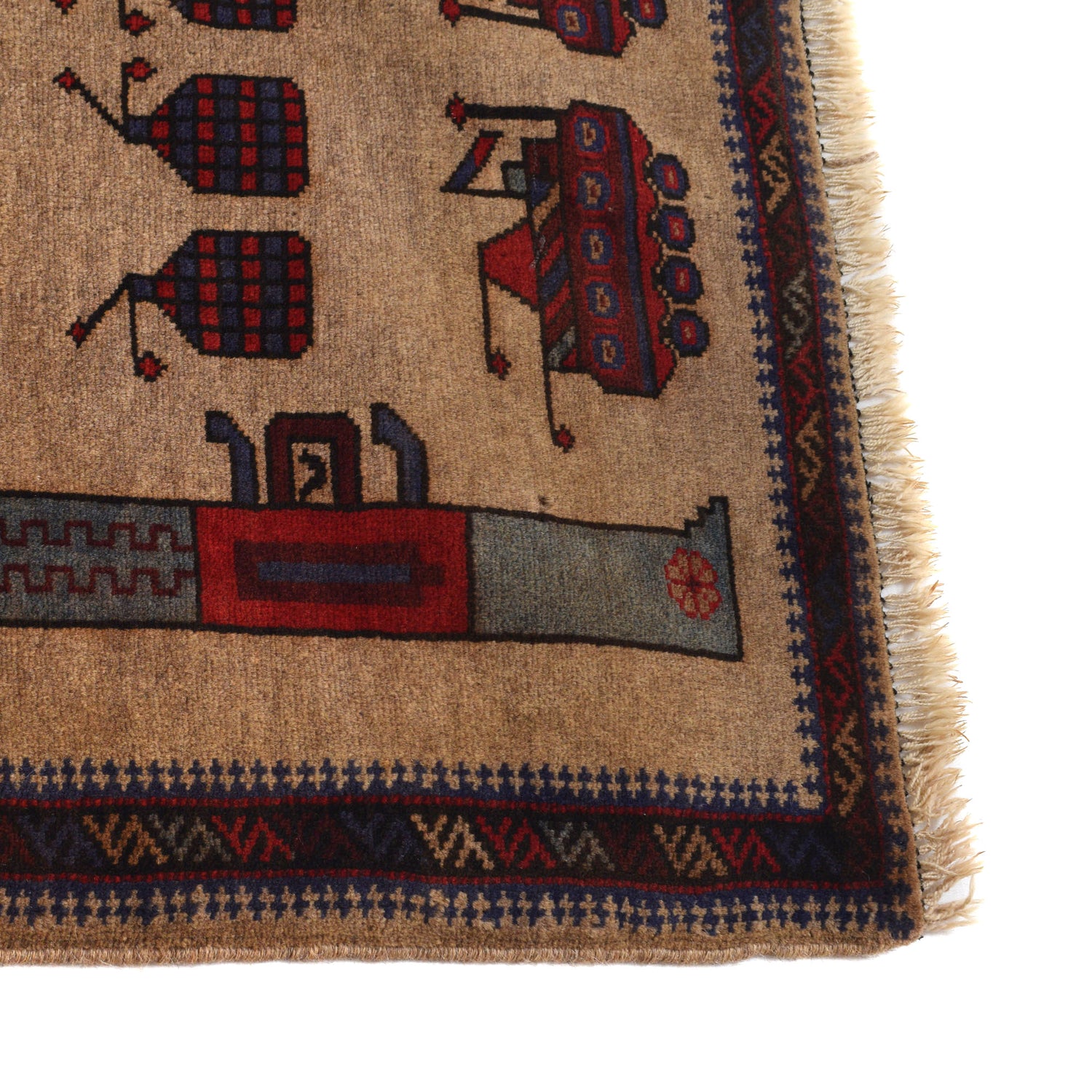 War Area Rug Handmade Brown Tank+ Riffle + Helicopter 2x4 ft