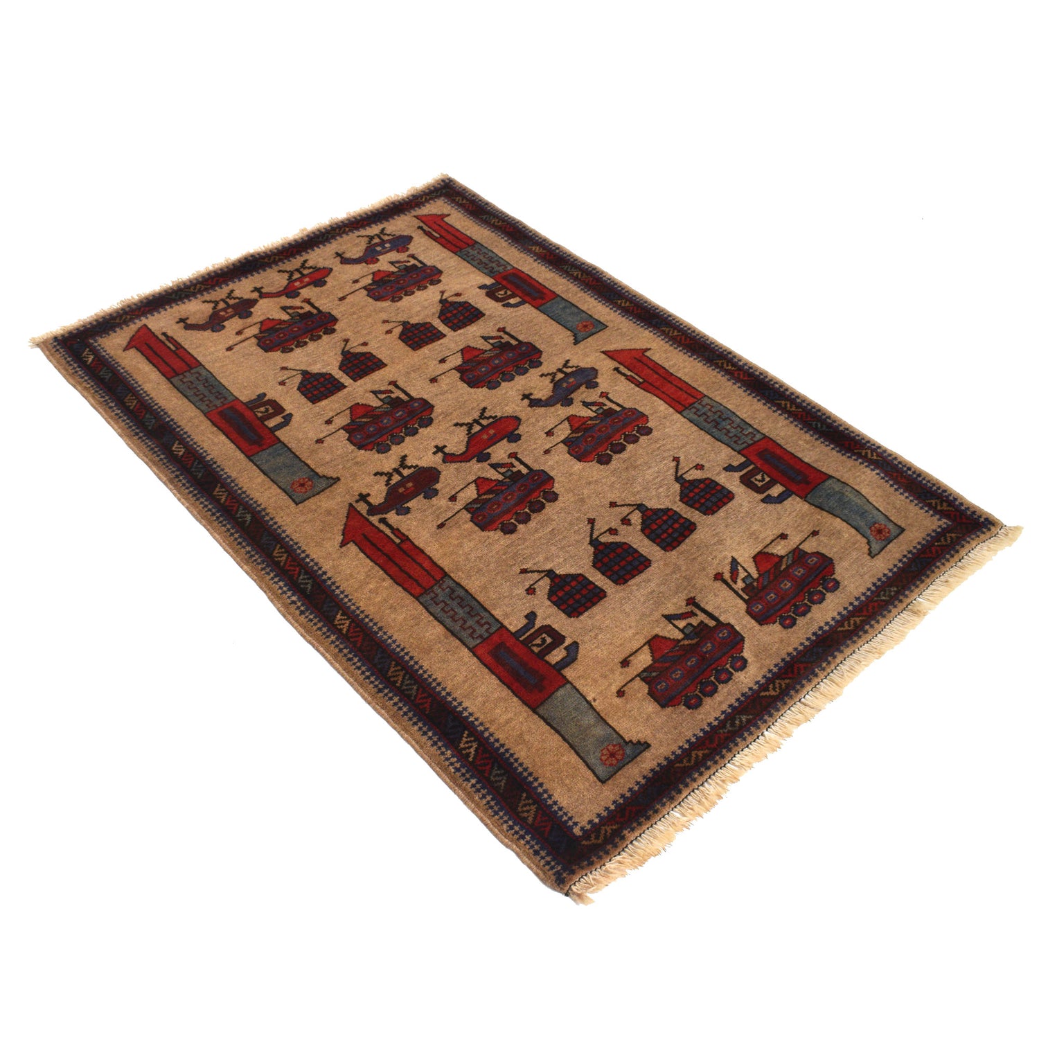 War Area Rug Handmade Brown Tank+ Riffle + Helicopter 2x4 ft