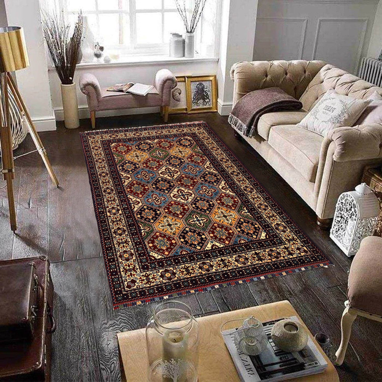 Oriental Area Rug Handmade Multi Geometric 4x7 ft