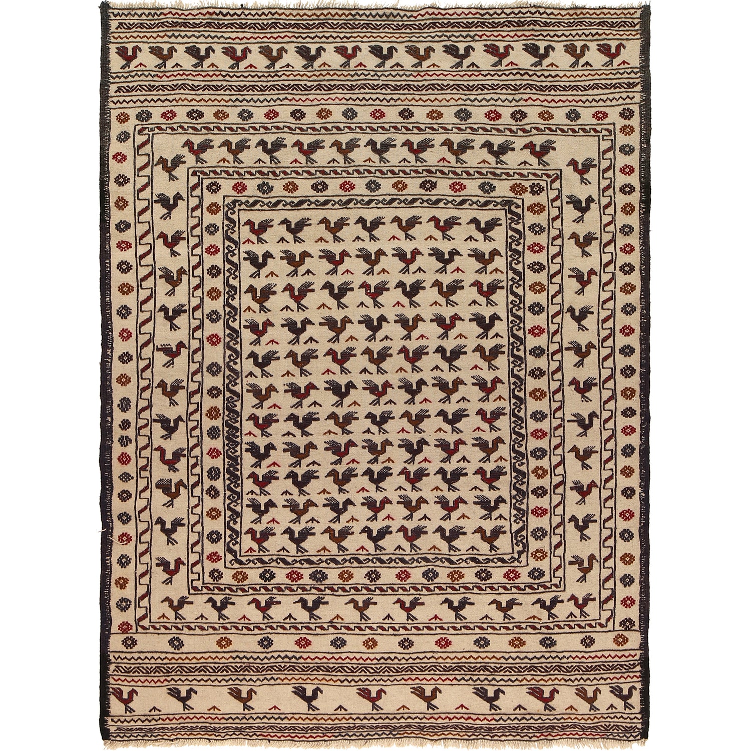 Soumak Kilim Area Rug Handmade White Pictorial 4x6 ft