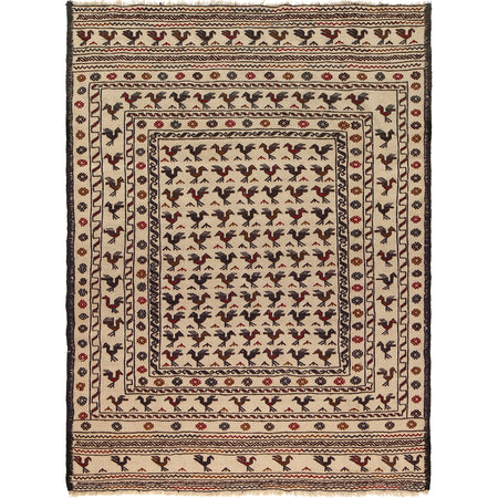 Soumak Kilim Area Rug Handmade White Pictorial 4x6 ft
