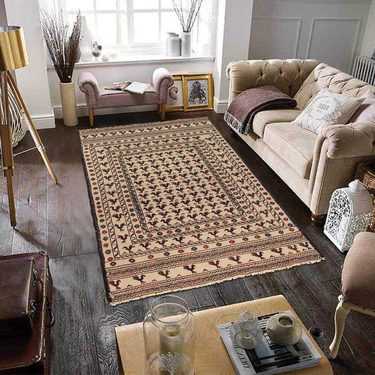 Soumak Kilim Area Rug Handmade White Pictorial 4x6 ft