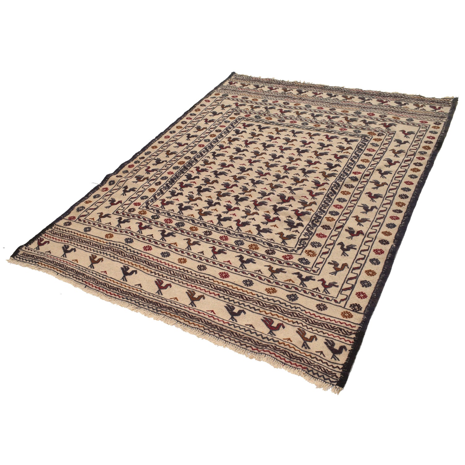 Soumak Kilim Area Rug Handmade White Pictorial 4x6 ft