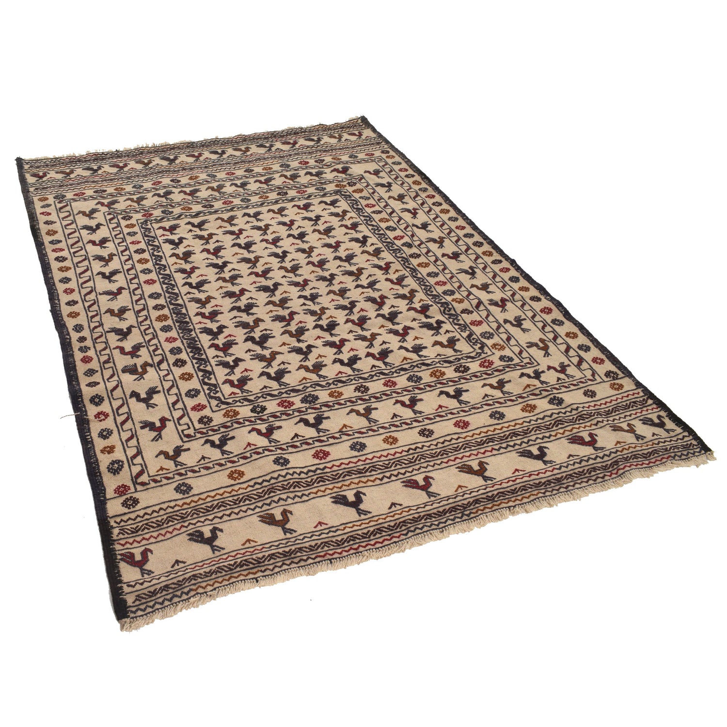 Soumak Kilim Area Rug Handmade White Pictorial 4x6 ft