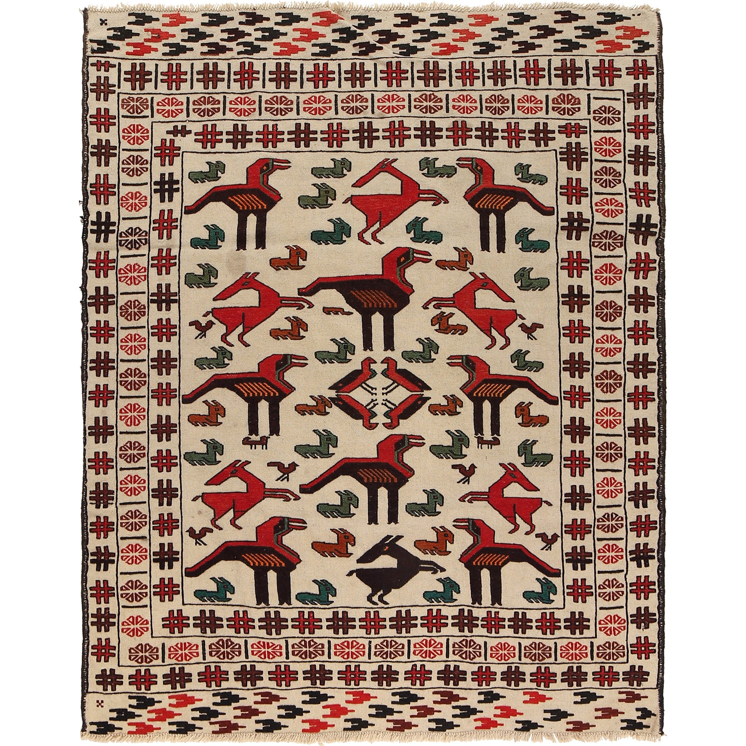 Soumak Kilim Area Rug Handmade White Pictorial 4x6 ft