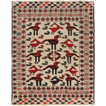 Soumak Kilim Area Rug Handmade White Pictorial 4x6 ft