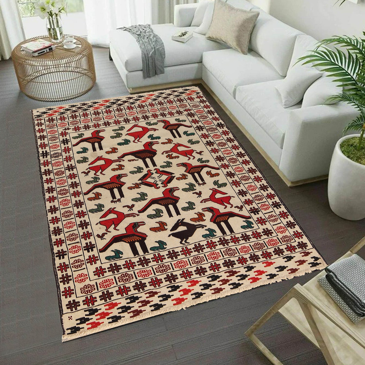 Soumak Kilim Area Rug Handmade White Pictorial 4x6 ft