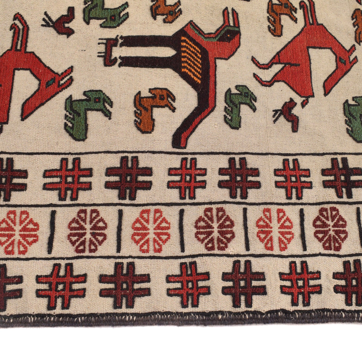 Soumak Kilim Area Rug Handmade White Pictorial 4x6 ft