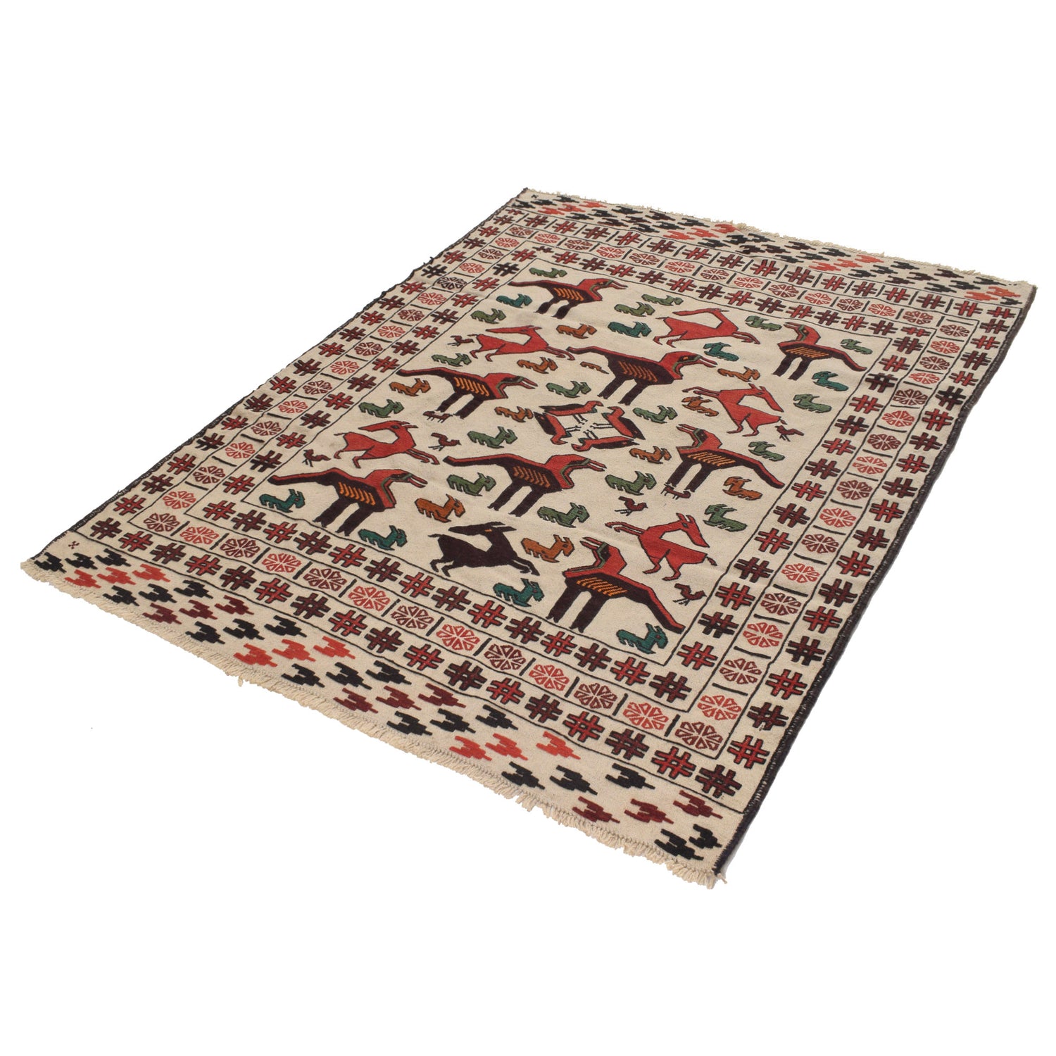 Soumak Kilim Area Rug Handmade White Pictorial 4x6 ft