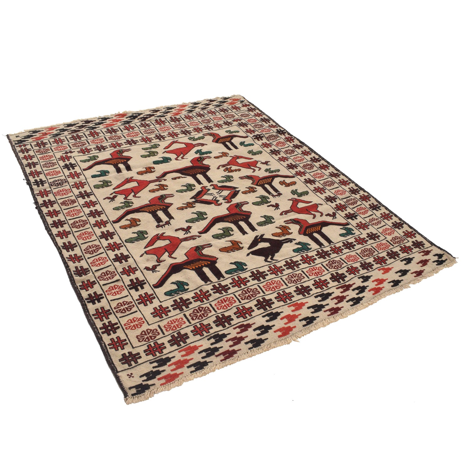 Soumak Kilim Area Rug Handmade White Pictorial 4x6 ft