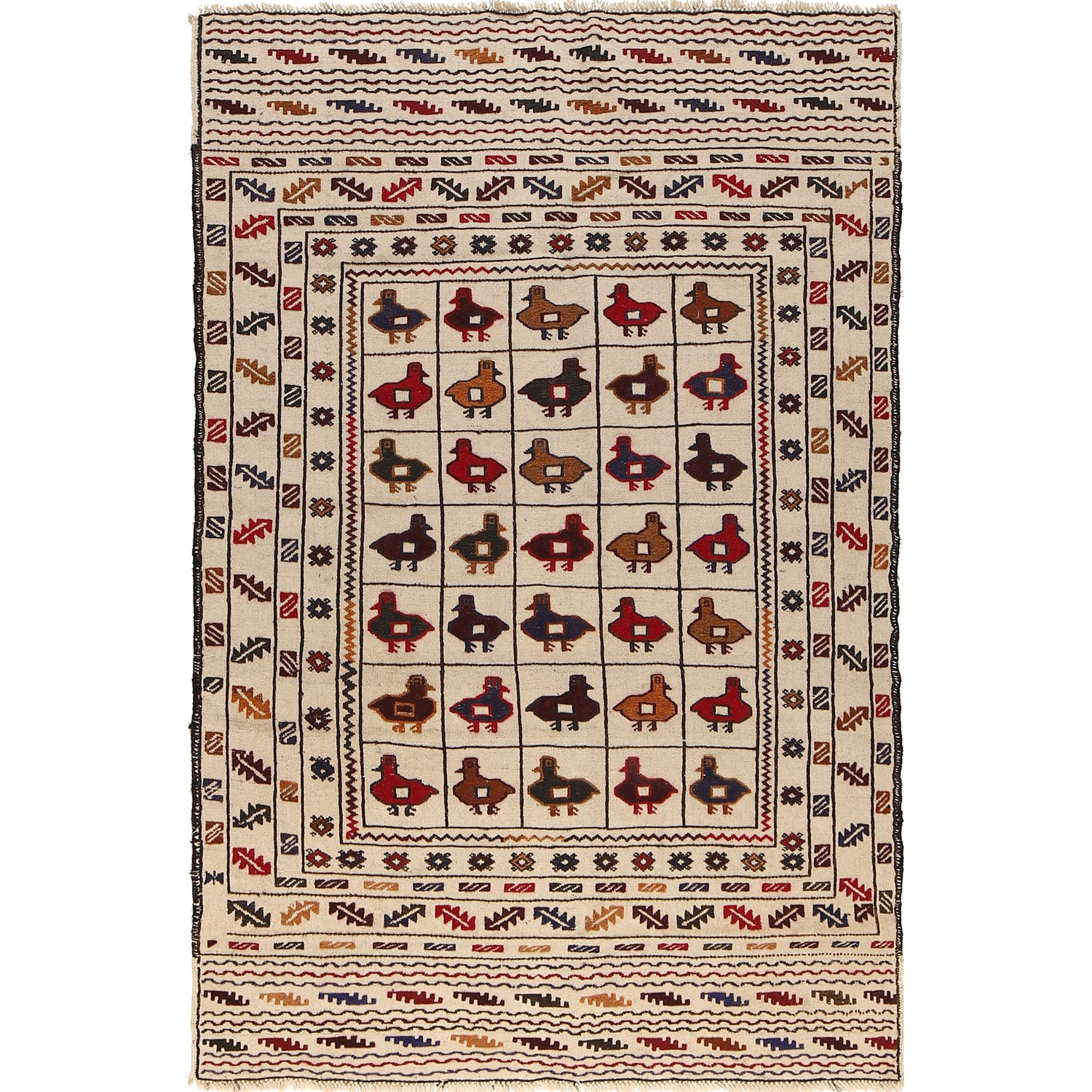 Soumak Kilim Area Rug Handmade White Pictorial 4x6 ft