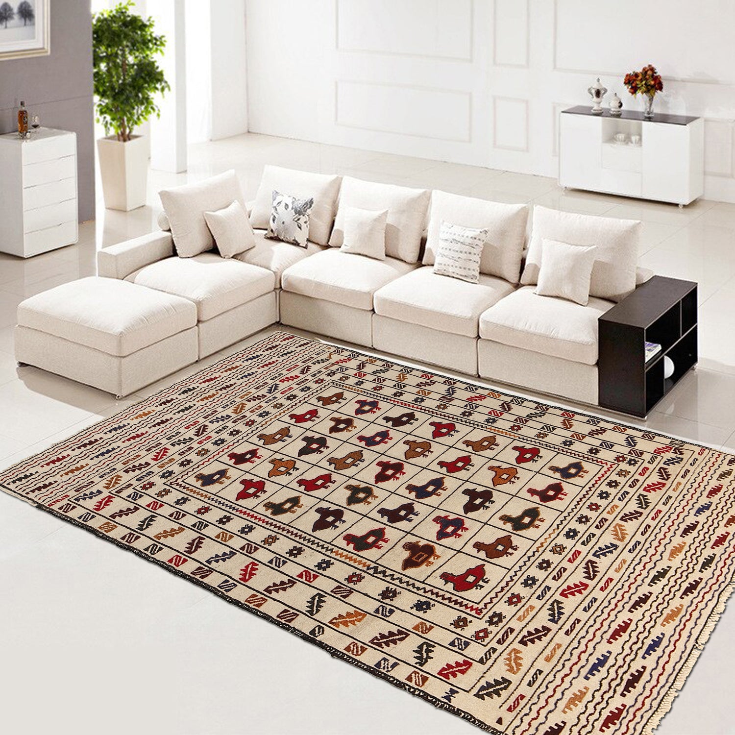 Soumak Kilim Area Rug Handmade White Pictorial 4x6 ft