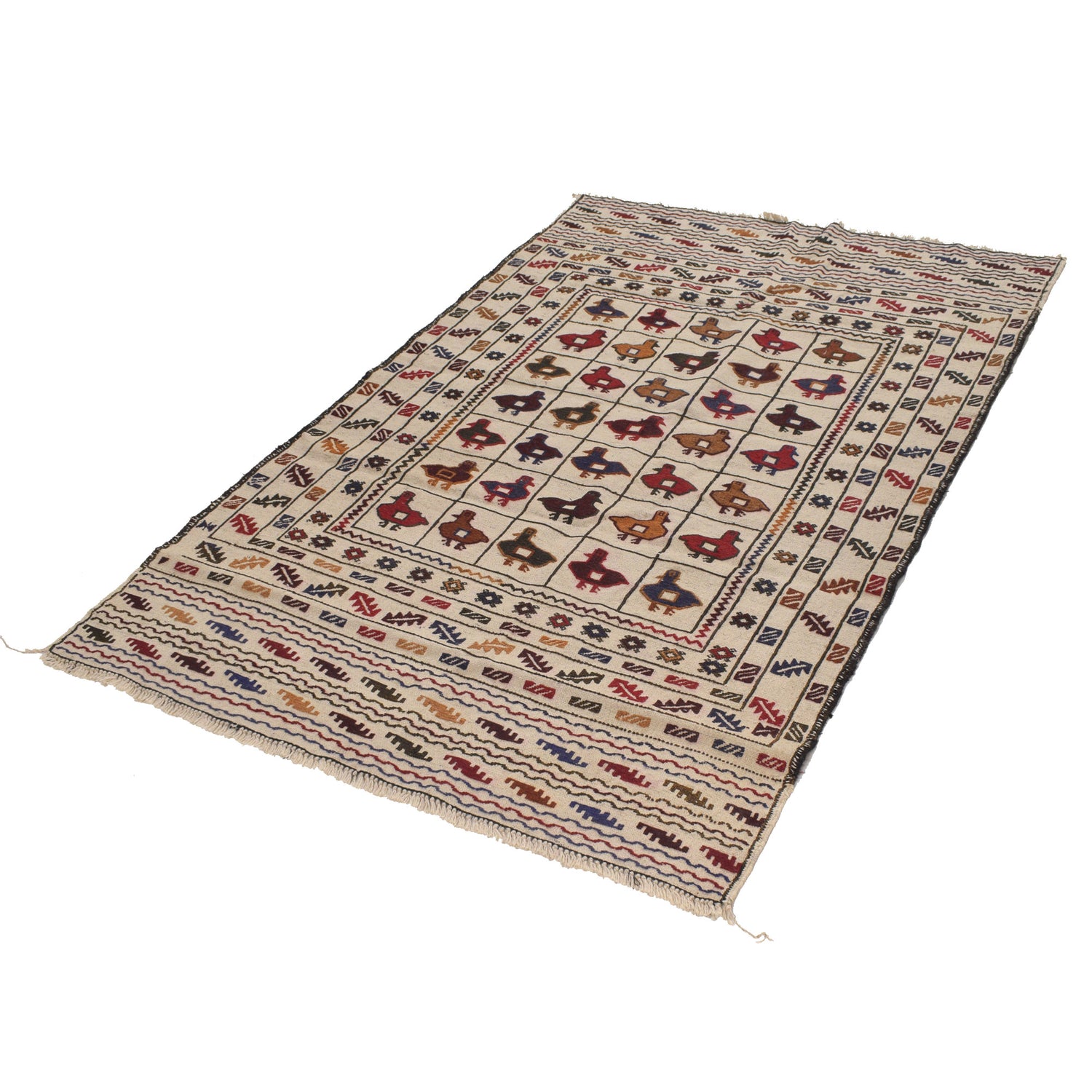 Soumak Kilim Area Rug Handmade White Pictorial 4x6 ft