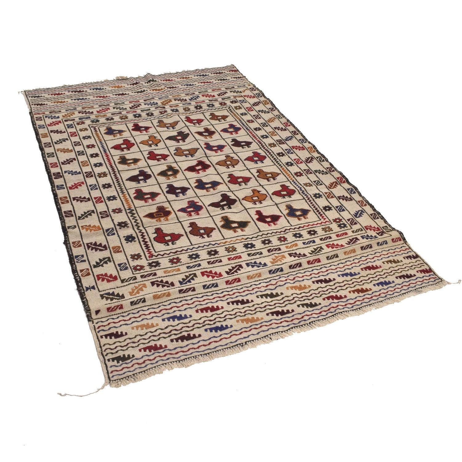 Soumak Kilim Area Rug Handmade White Pictorial 4x6 ft