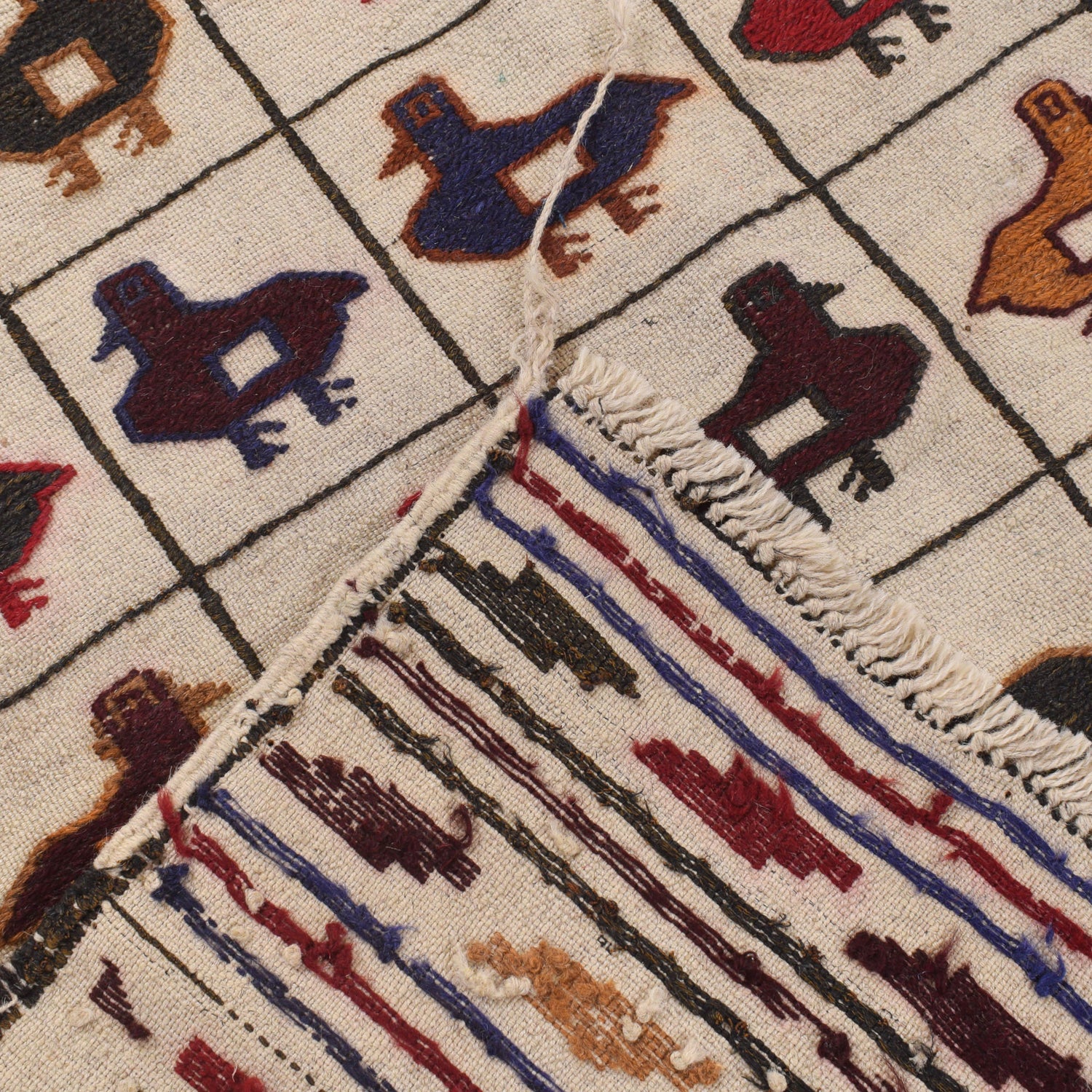 Soumak Kilim Area Rug Handmade White Pictorial 4x6 ft