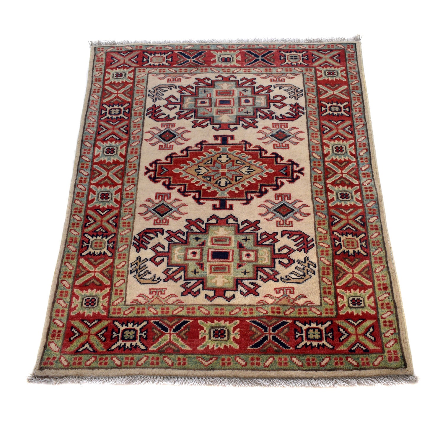 Kazak Rug Handmade Ivory Medallion 2x4 ft
