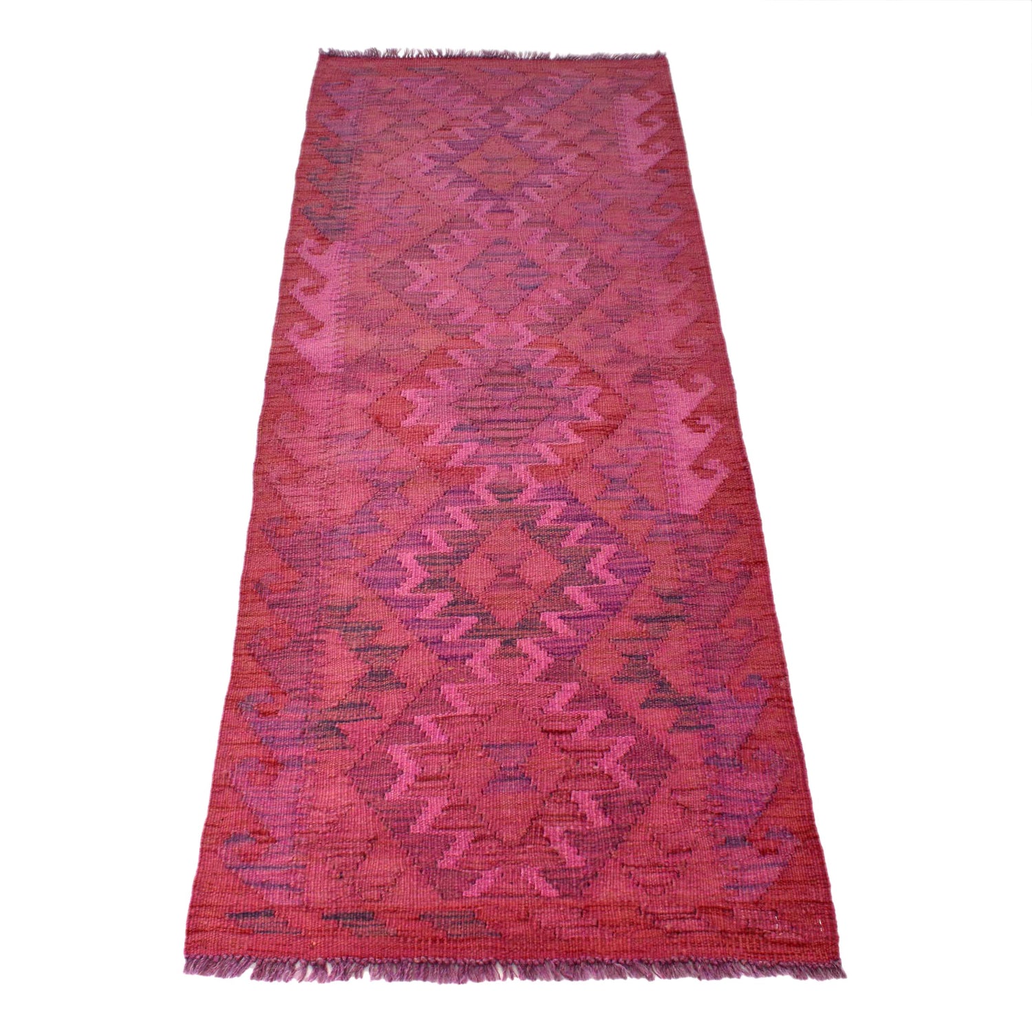 Overdyed Vegetable Kilim Runner Rug Handmade Pink Geometric