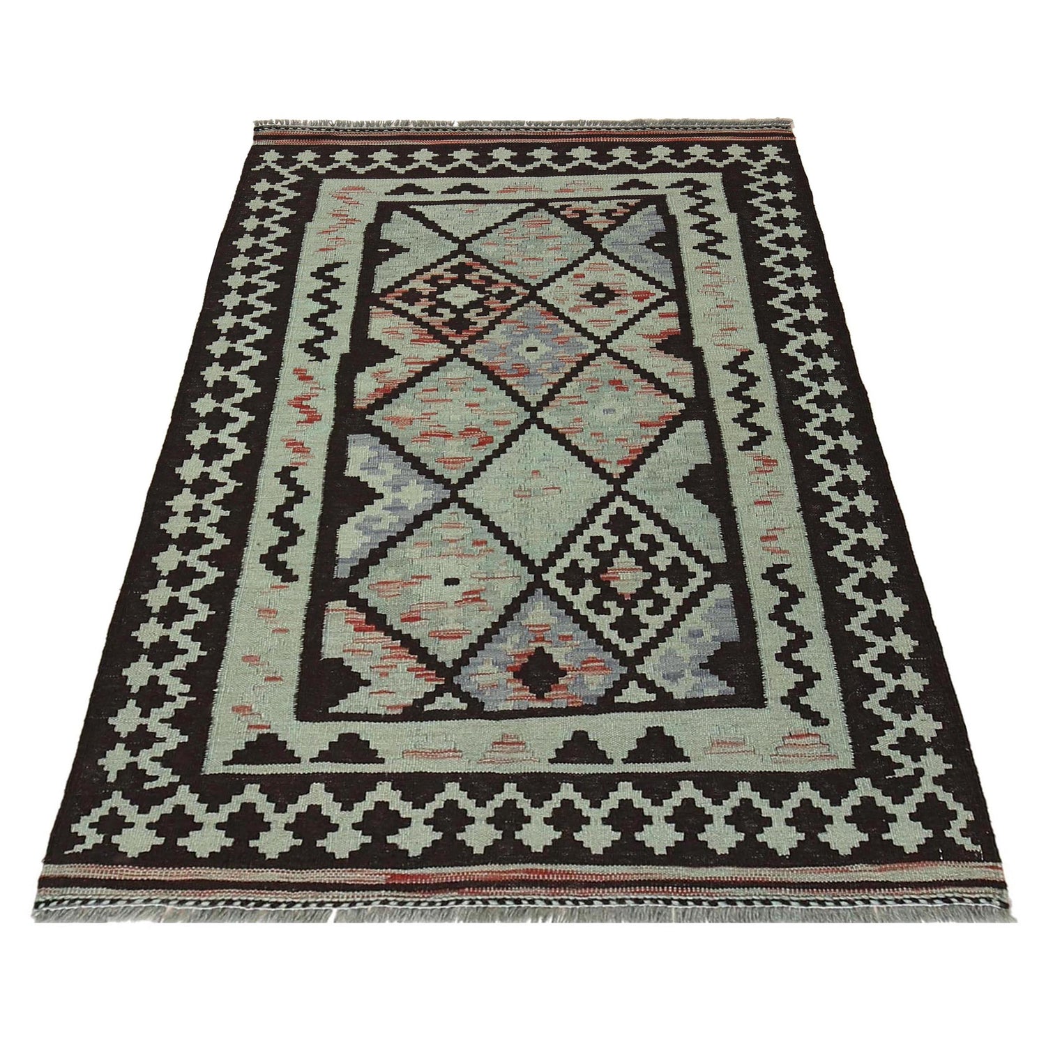 Overdyed Vegetable Kilim Area Rug Handmade Green Geometric