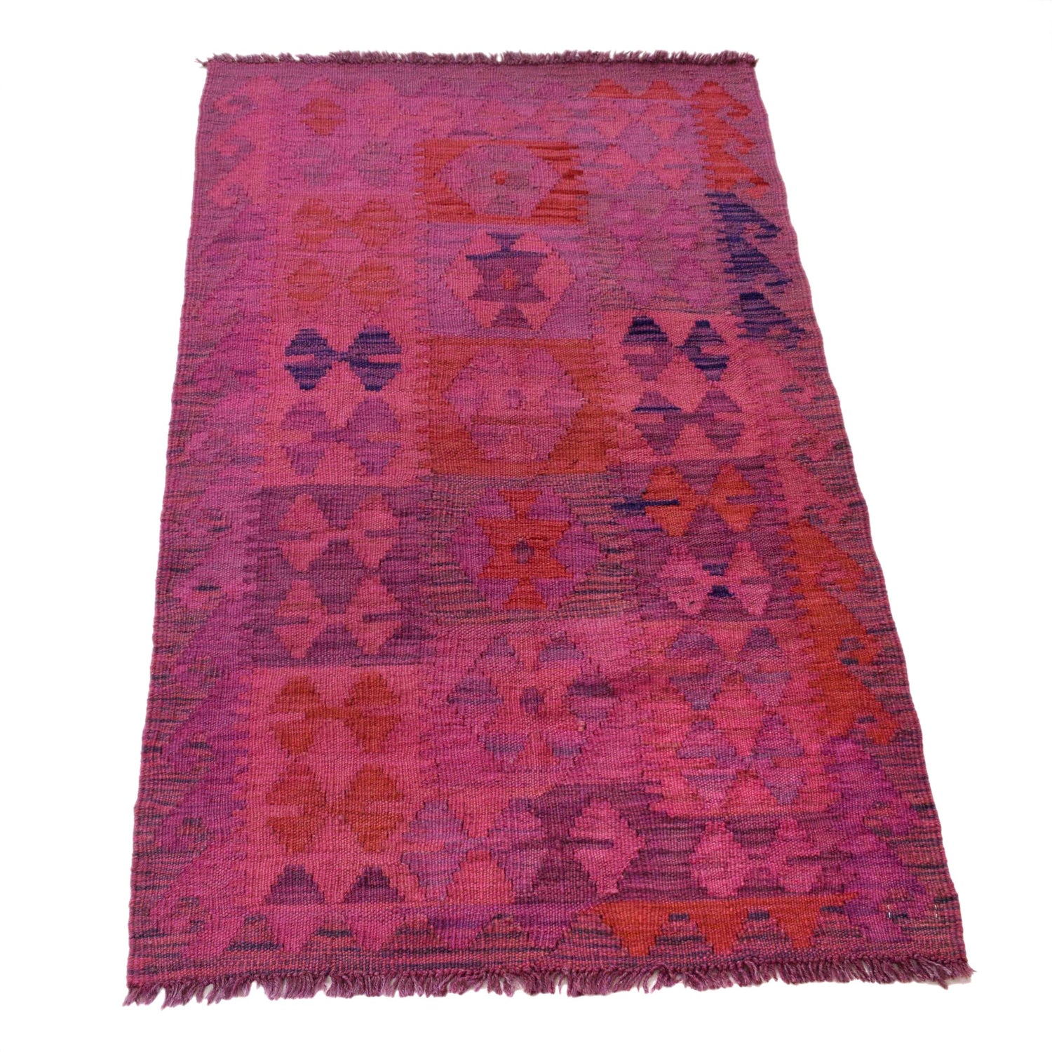 Overdyed Vegetable Kilim Area Rug Handmade Pink Geometric