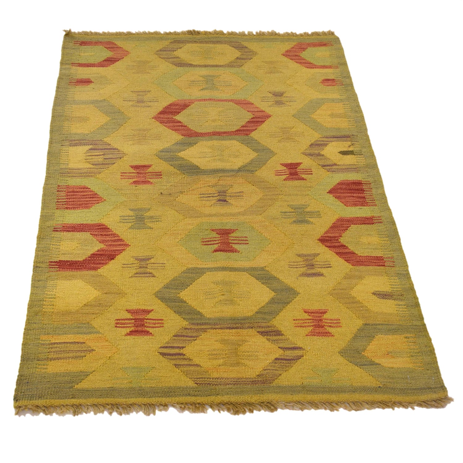 Overdyed Vegetable Kilim Area Rug Handmade Yellow Geometric