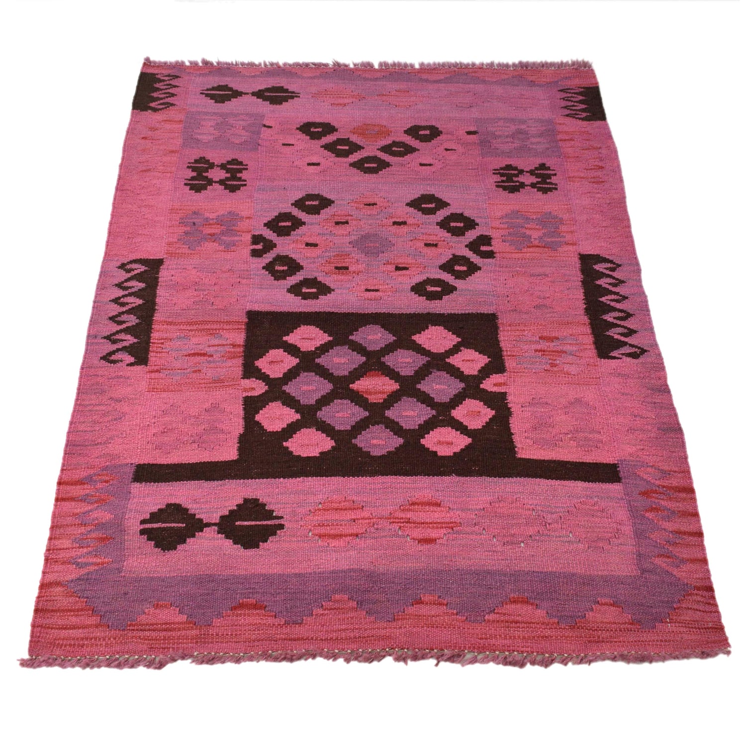 Overdyed Vegetable Kilim Area Rug Handmade Pink Geometric