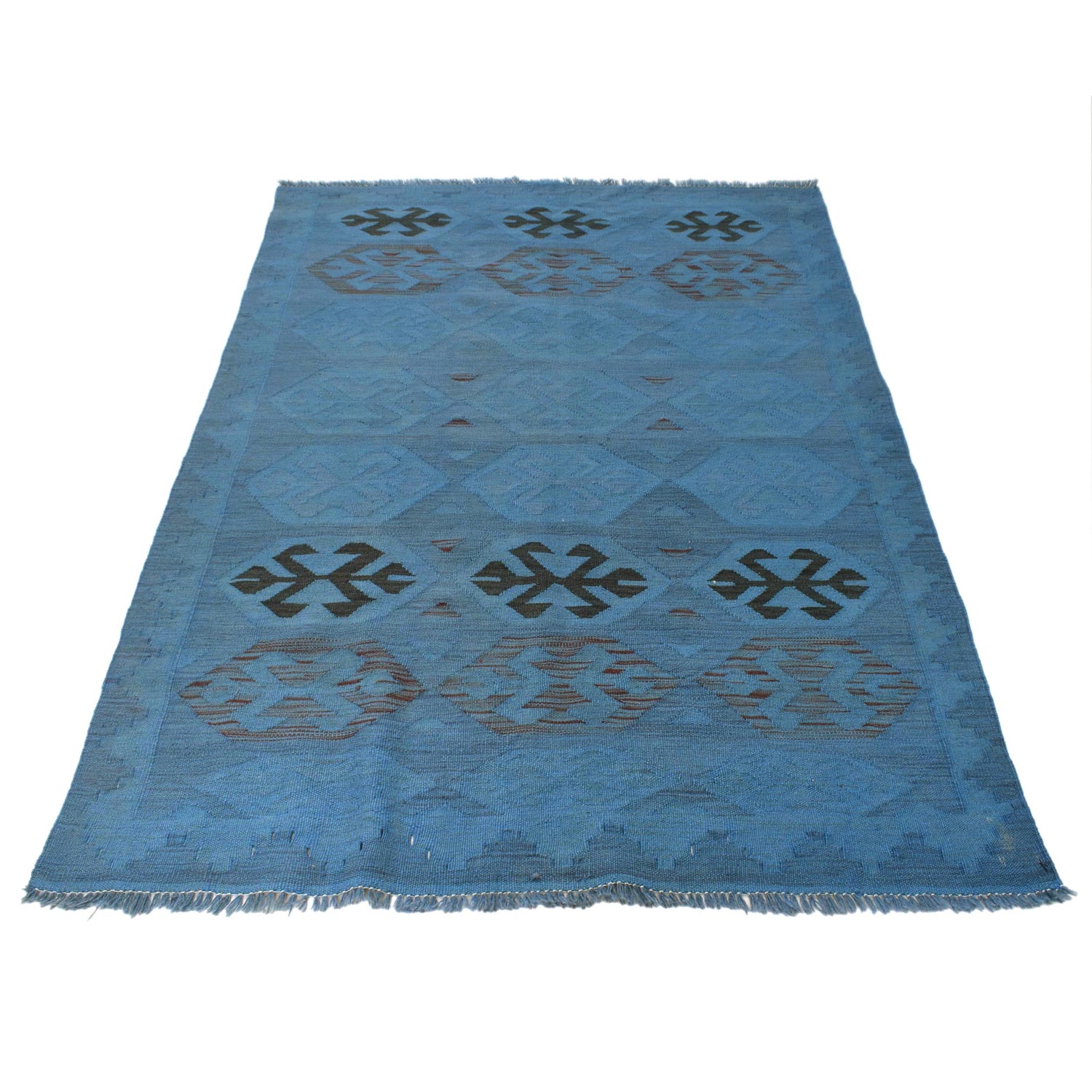 Overdyed Vegetable Kilim Area Rug Handmade Blue Geometric