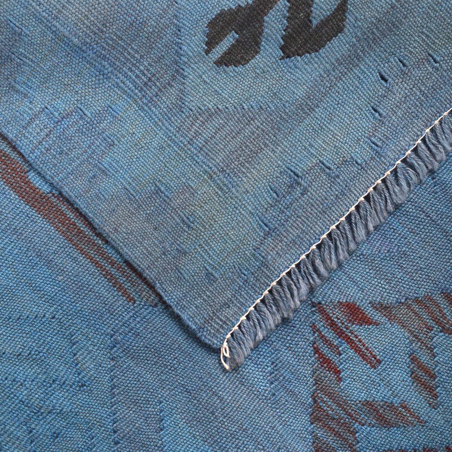 Overdyed Vegetable Kilim Area Rug Handmade Blue Geometric