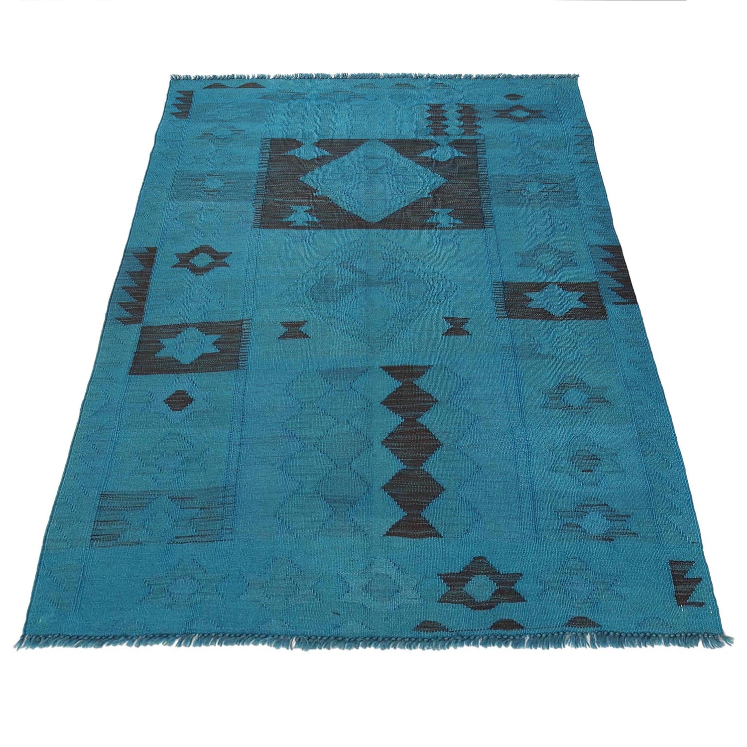 Overdyed Vegetable Kilim Area Rug Handmade Blue Geometric