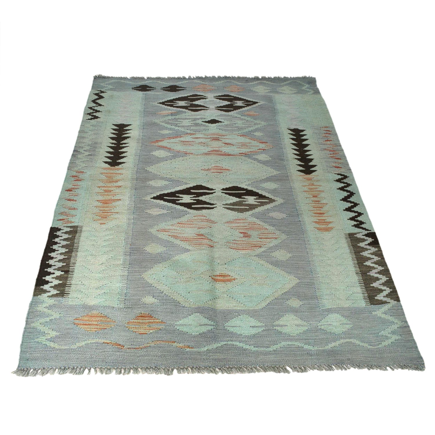 Hand-Knotted Green Geometric Overdyed Vegetable Kilim Area Rug – 3' 11" x 5' 6" ft (119 x 168 cm) | SKU: B29235