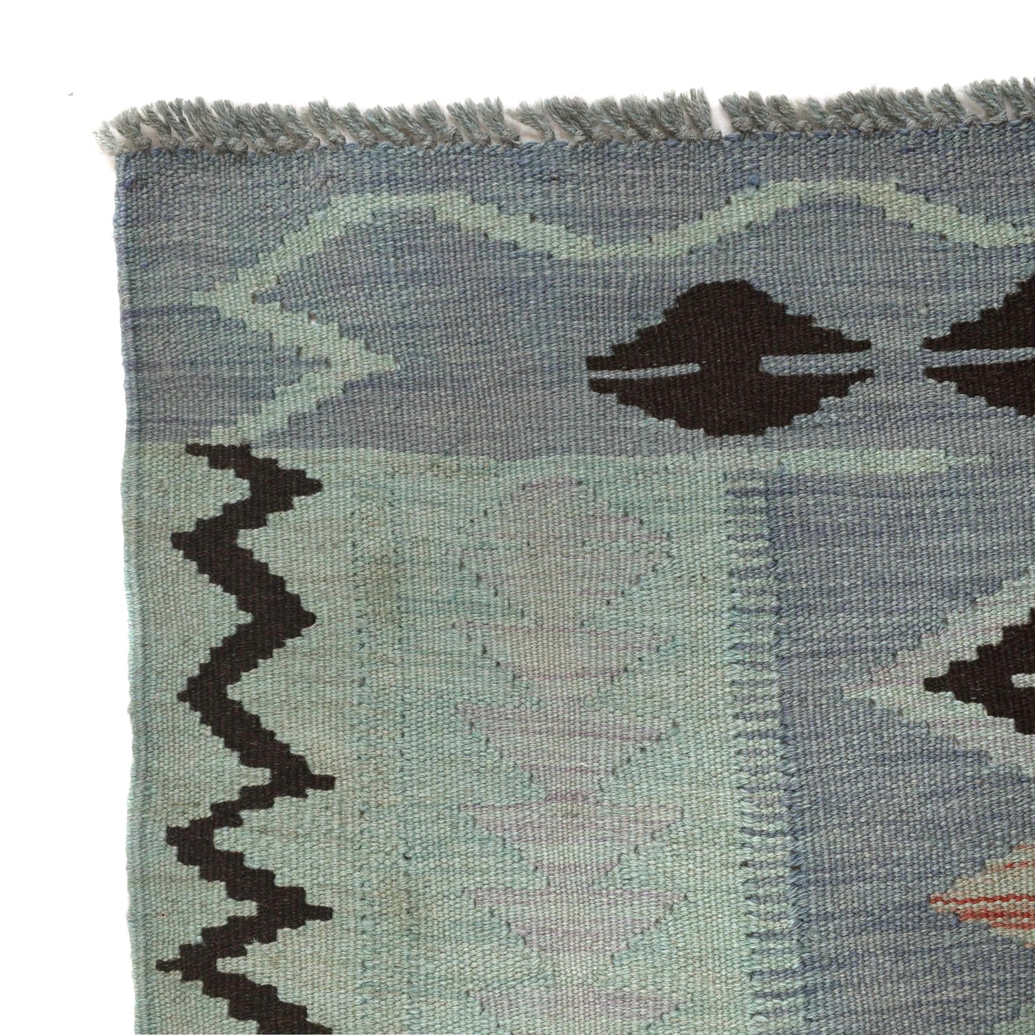 Hand-Knotted Green Geometric Overdyed Vegetable Kilim Area Rug – 3' 11" x 5' 6" ft (119 x 168 cm) | SKU: B29235
