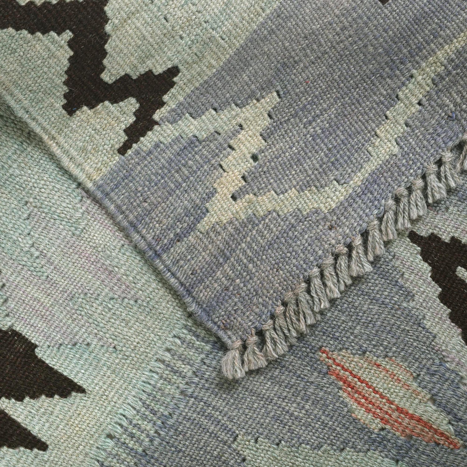 Hand-Knotted Green Geometric Overdyed Vegetable Kilim Area Rug – 3' 11" x 5' 6" ft (119 x 168 cm) | SKU: B29235