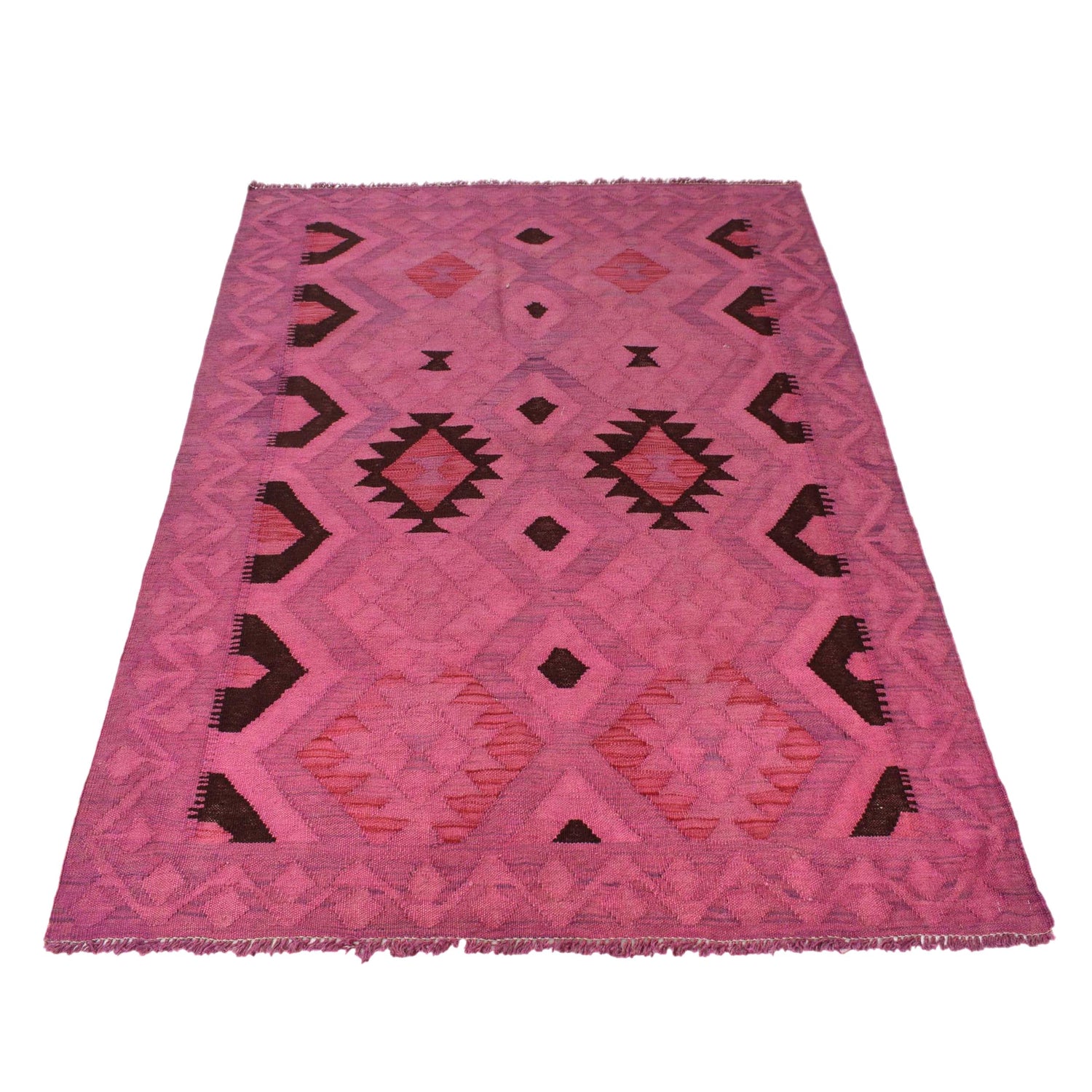 Overdyed Vegetable Kilim Area Rug Handmade Pink Geometric