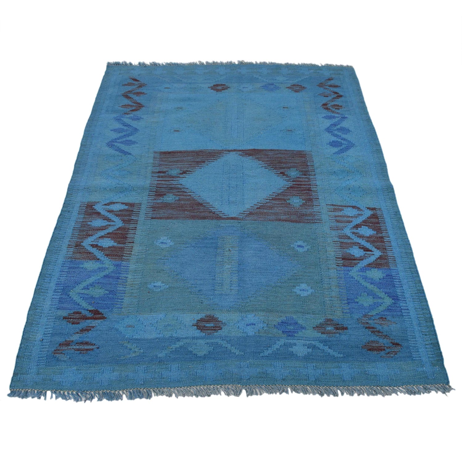 Overdyed Vegetable Kilim Area Rug Handmade Blue Geometric
