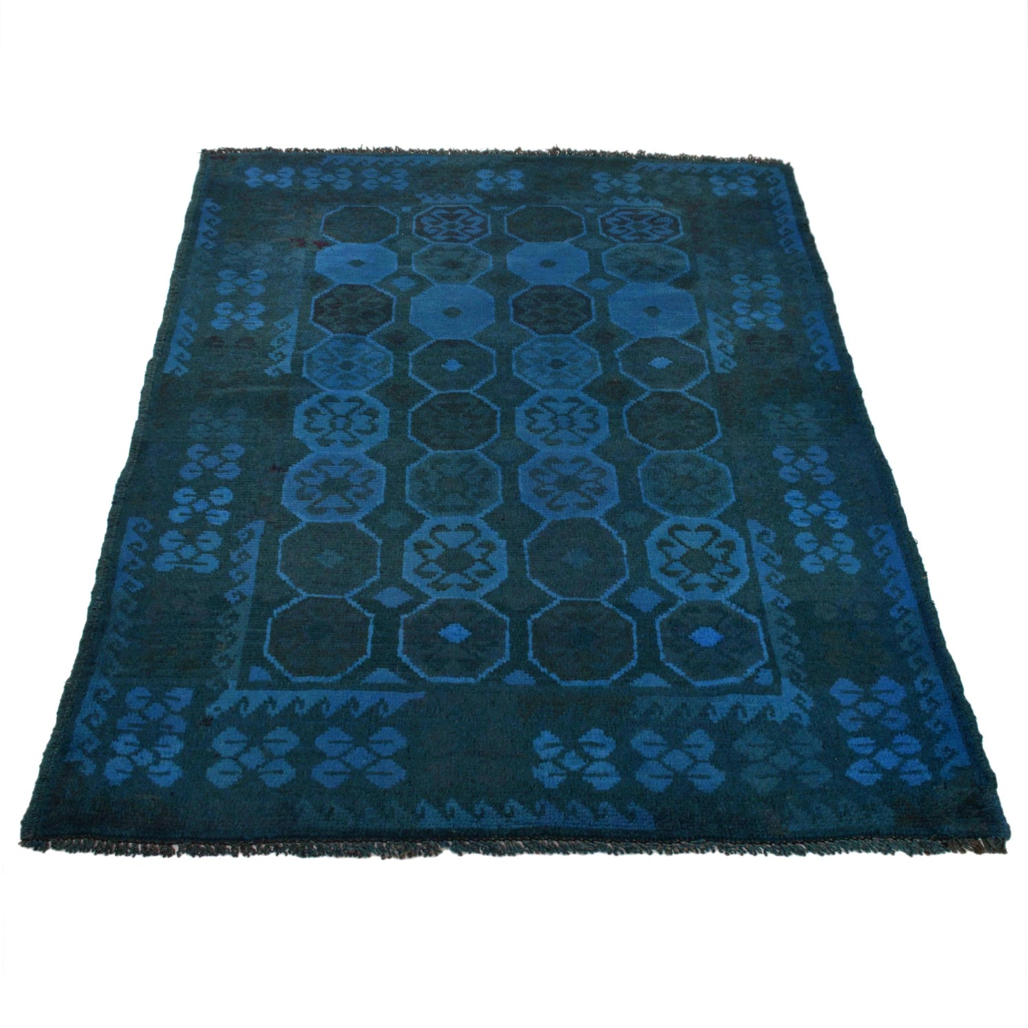 Overdyed Area Rug Handmade Blue Geometric 3x5 ft