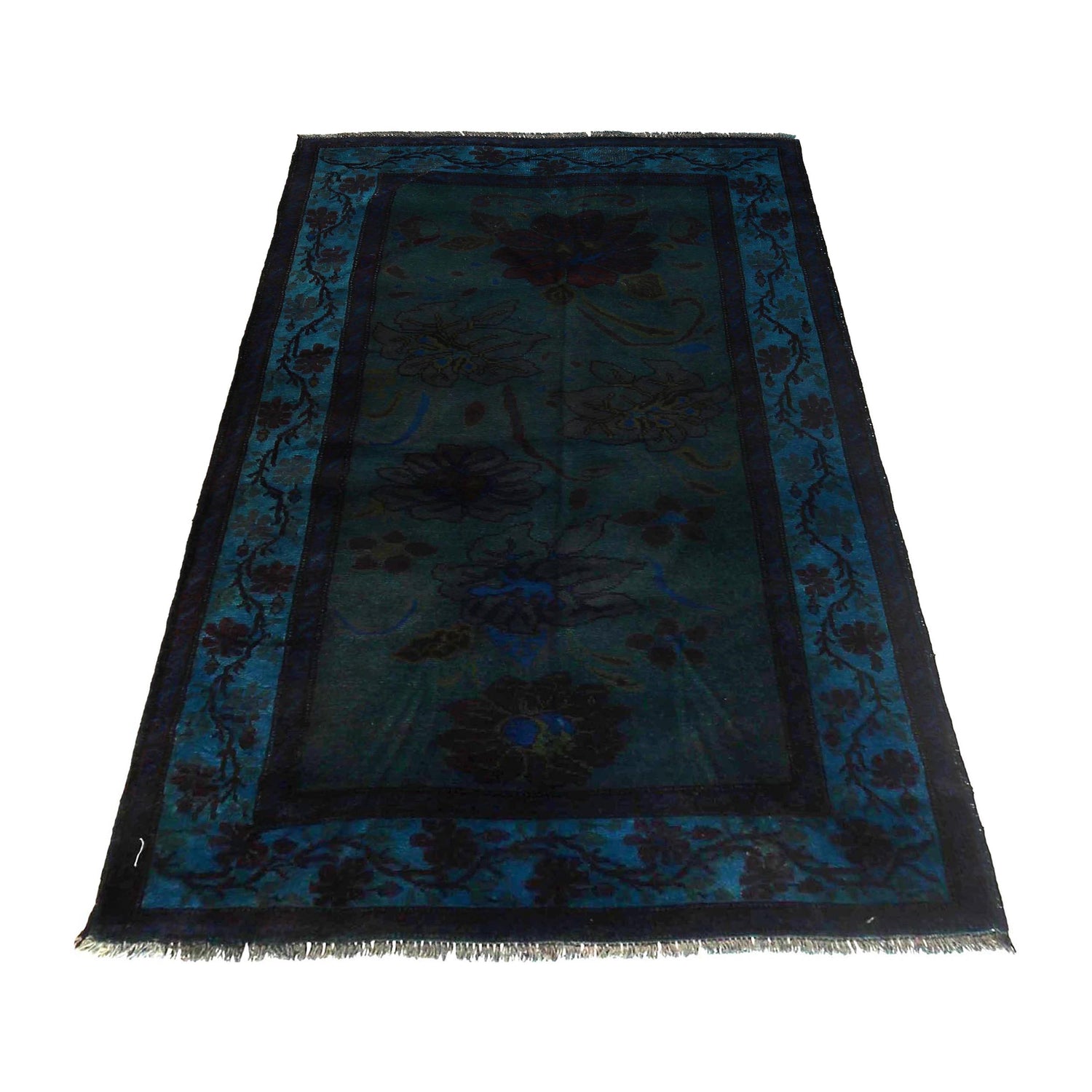 Overdyed Area Rug Handmade Blue Geometric 4x6 ft