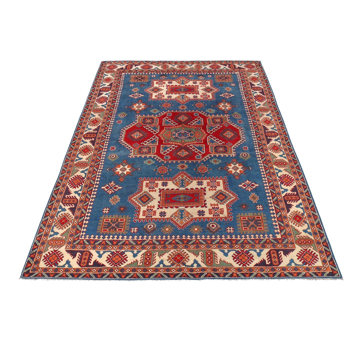 Kazak Rug Handmade Blue Medallion 7x10 ft