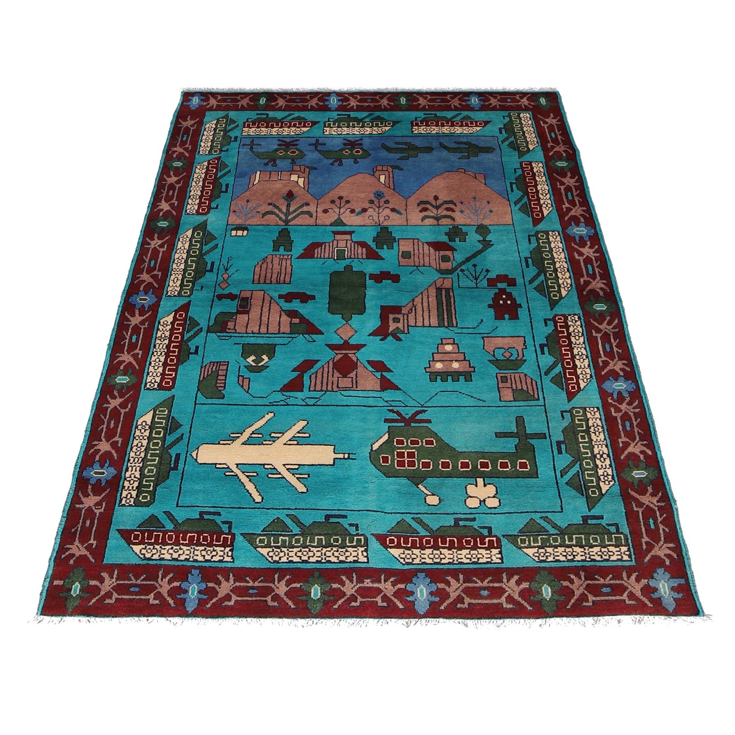 War Area Rug Handmade Blue Helicopter + Tank 4x6 ft