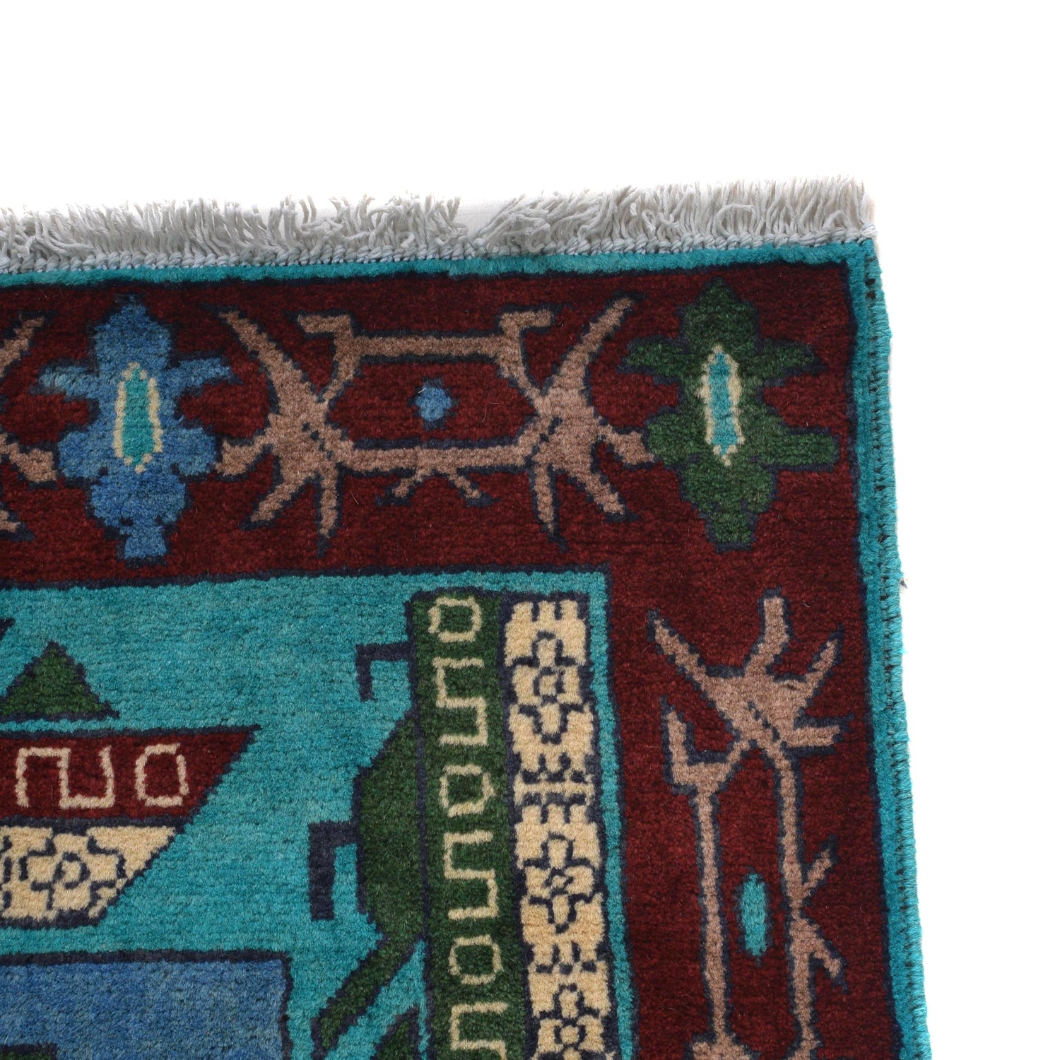 War Area Rug Handmade Blue Helicopter + Tank 4x6 ft