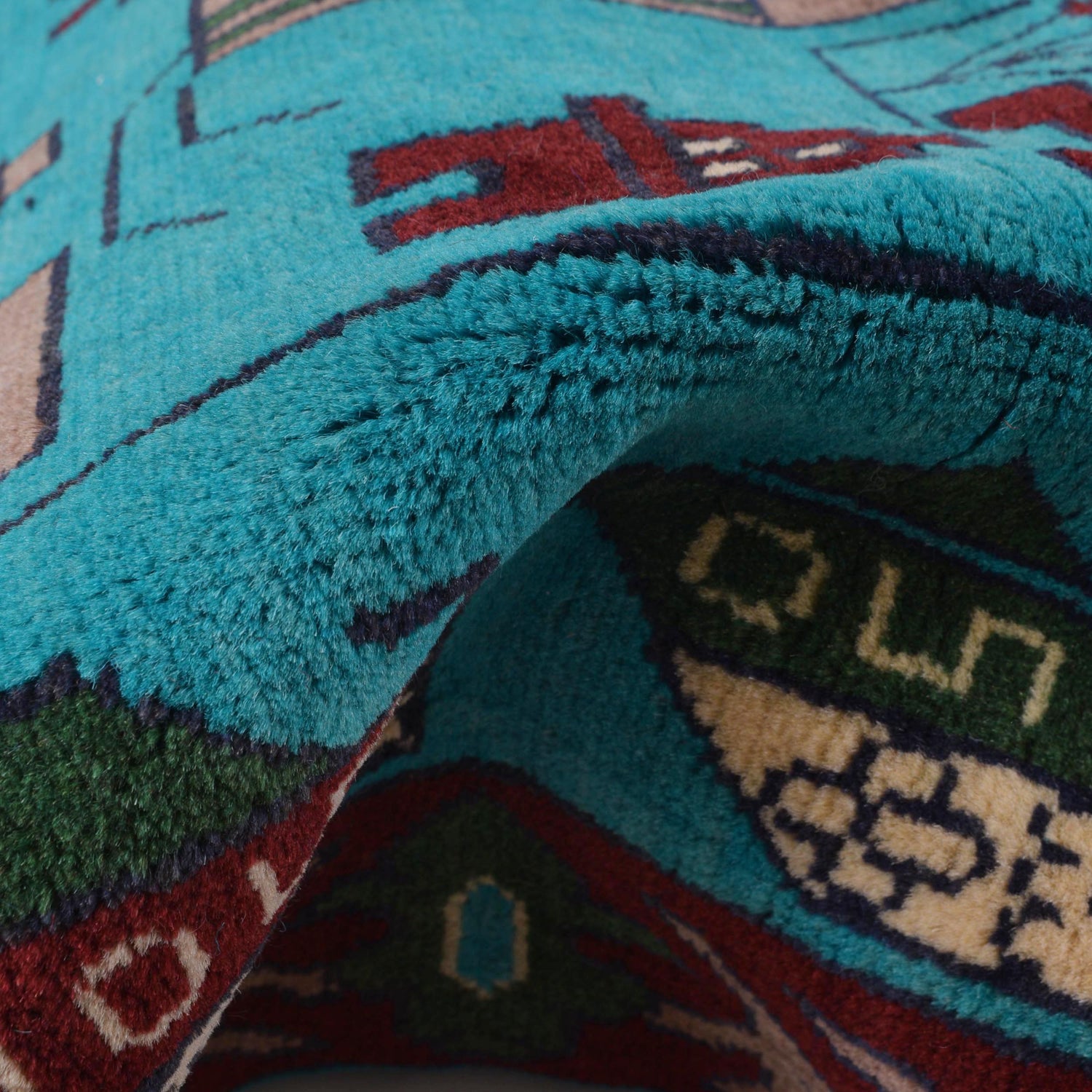 War Area Rug Handmade Blue Helicopter + Tank 4x6 ft