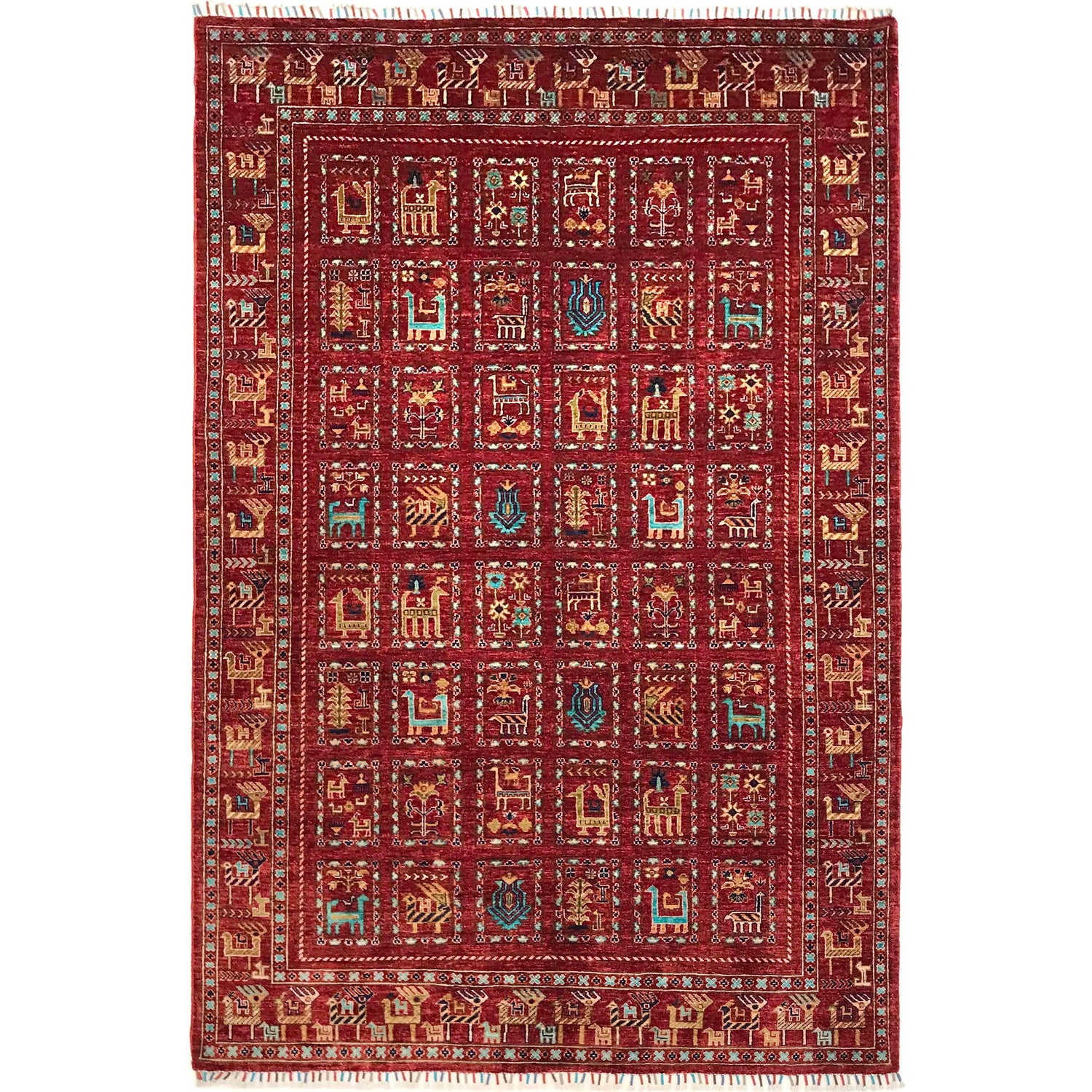Shikargah Area Rug Handmade Burgundy Red Animal/Birds 5x8 ft