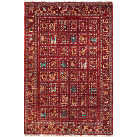 Shikargah Area Rug Handmade Burgundy Red Animal/Birds 5x8 ft